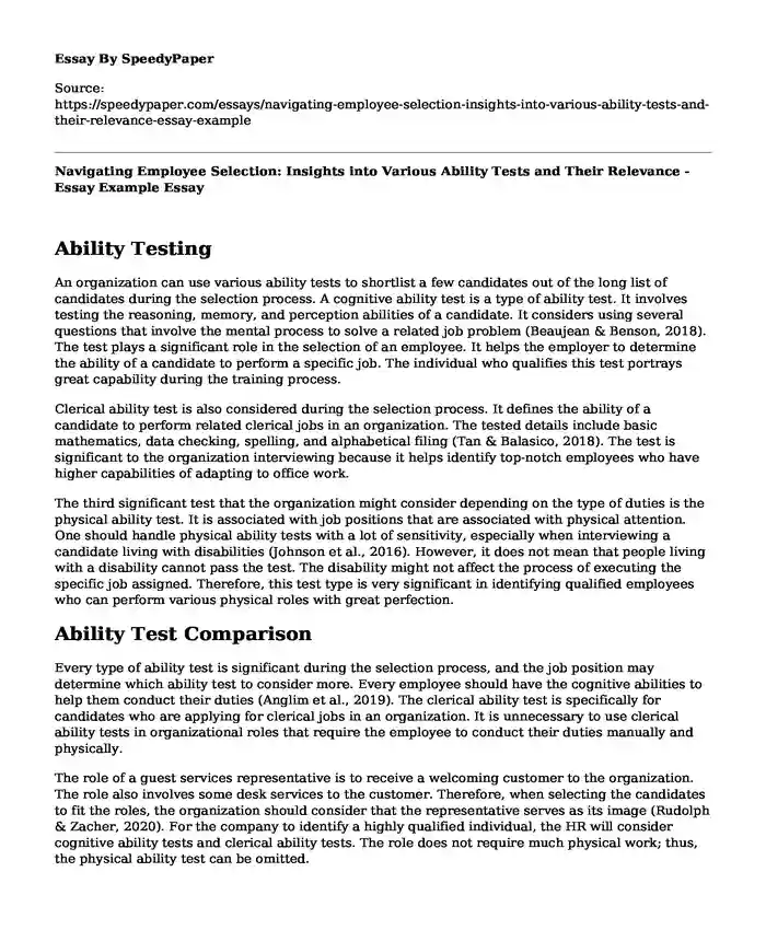 Navigating Employee Selection: Insights into Various Ability Tests and Their Relevance - Essay Example