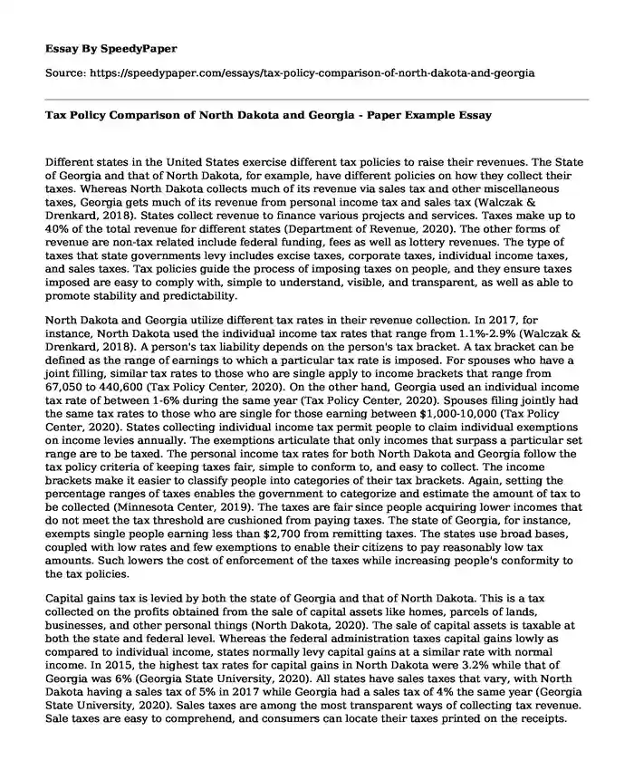 Tax Policy Comparison of North Dakota and Georgia - Paper Example