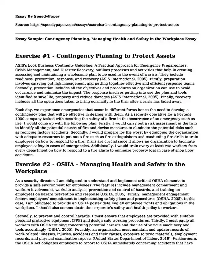 Essay Sample: Contingency Planning, Managing Health and Safety in the Workplace