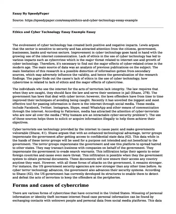 Ethics and Cyber Technology Essay Example