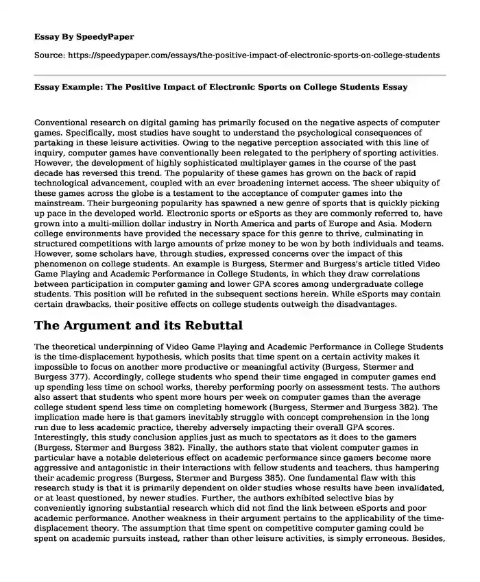 Essay Example: The Positive Impact of Electronic Sports on College Students