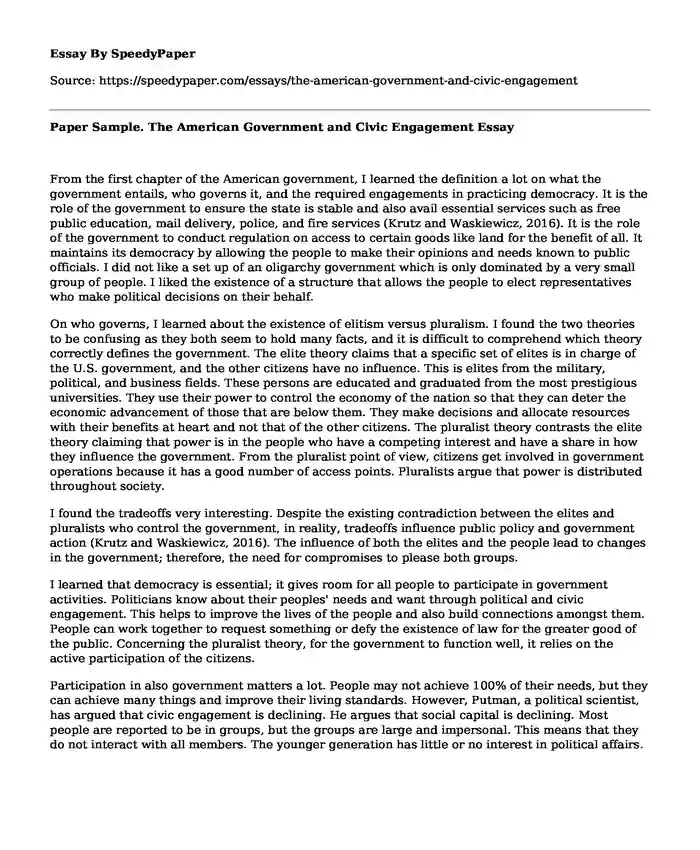 Paper Sample. The American Government and Civic Engagement