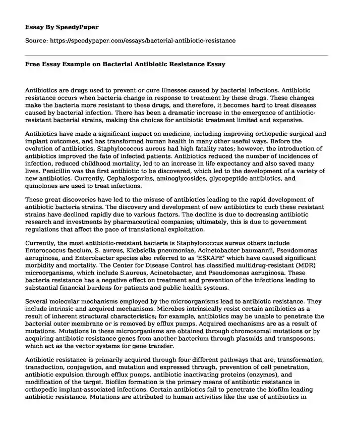 Free Essay Example on Bacterial Antibiotic Resistance