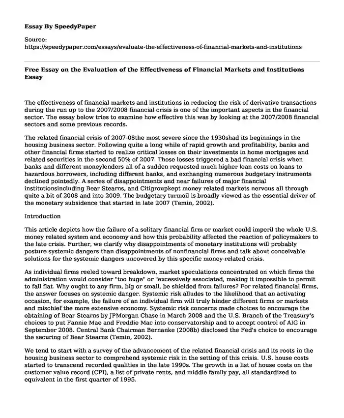 Free Essay on the Evaluation of the Effectiveness of Financial Markets and Institutions