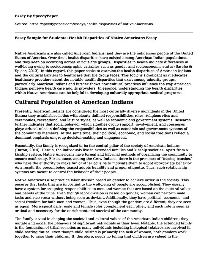 Essay Sample for Students: Health Disparities of Native Americans