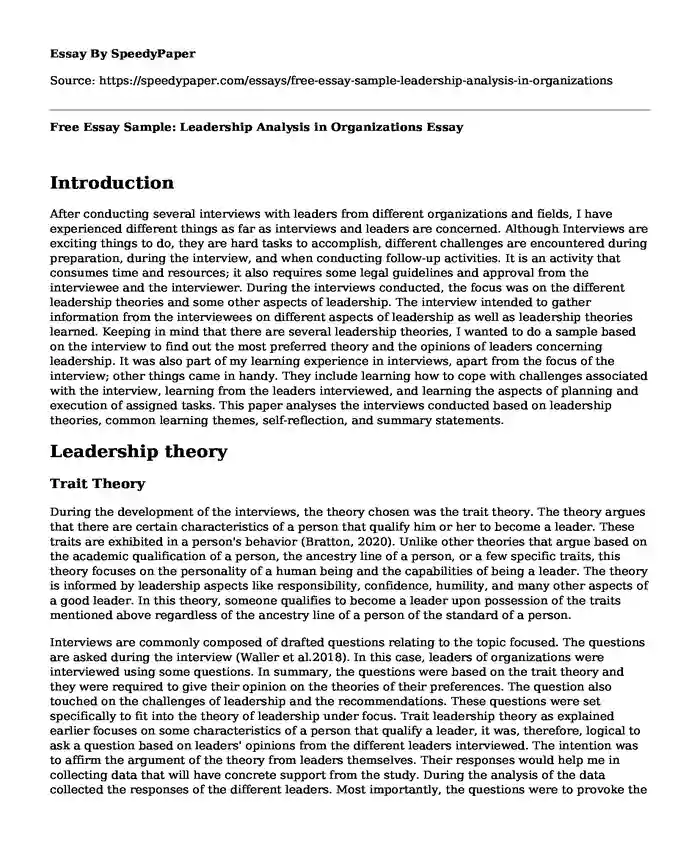 Free Essay Sample: Leadership Analysis in Organizations