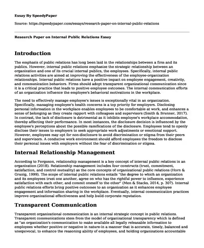 Research Paper on Internal Public Relations