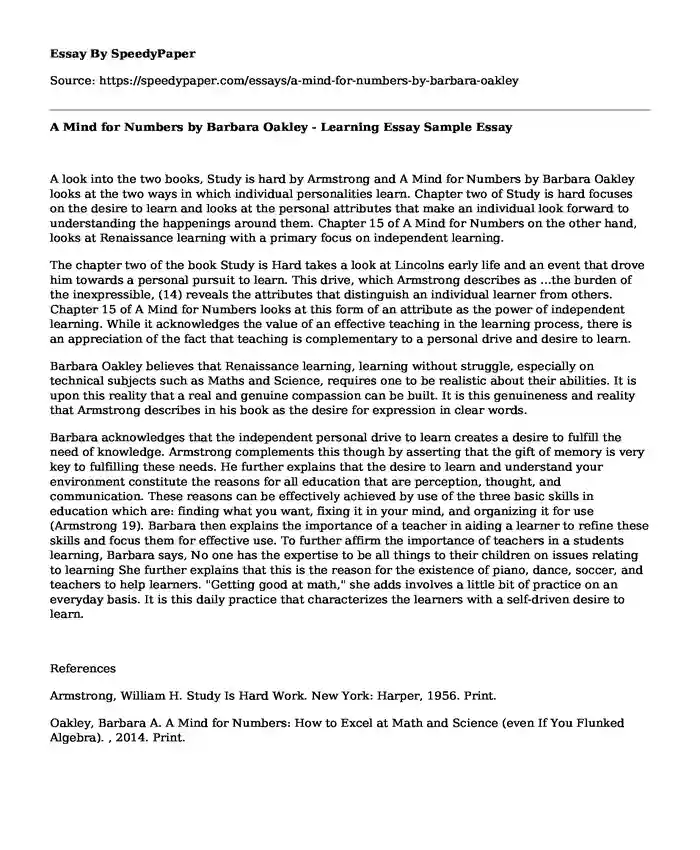 ? A Mind for Numbers by Barbara Oakley - Learning Essay Sample |  