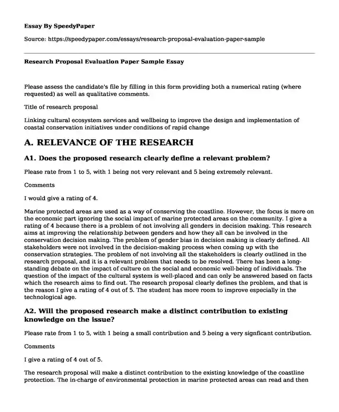 Research Proposal Evaluation Paper Sample