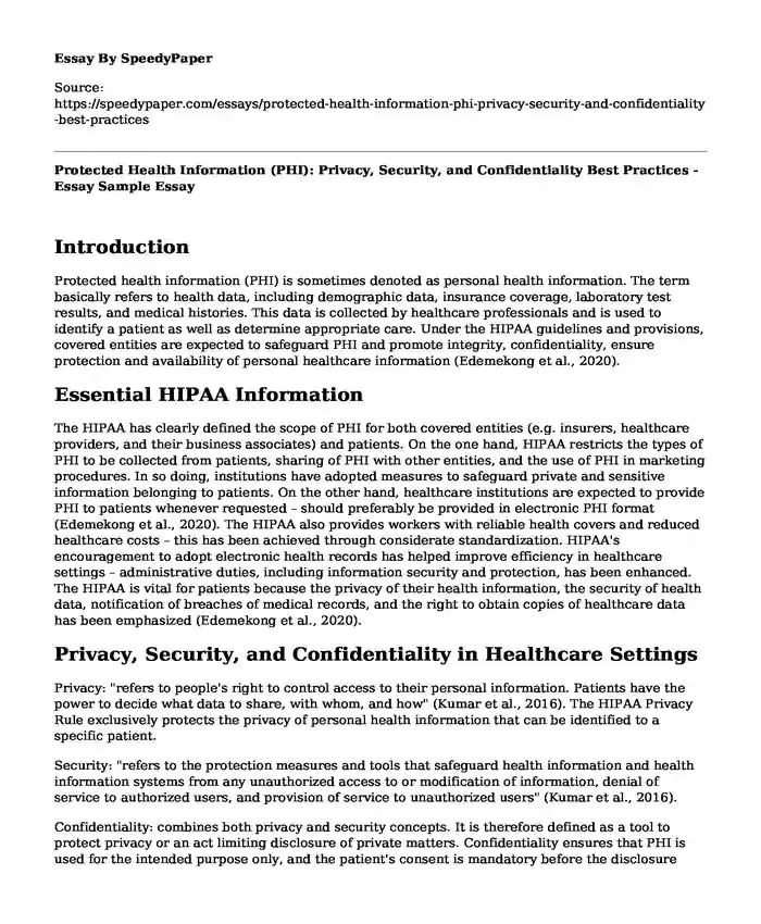 Protected Health Information (PHI): Privacy, Security, and Confidentiality Best Practices - Essay Sample