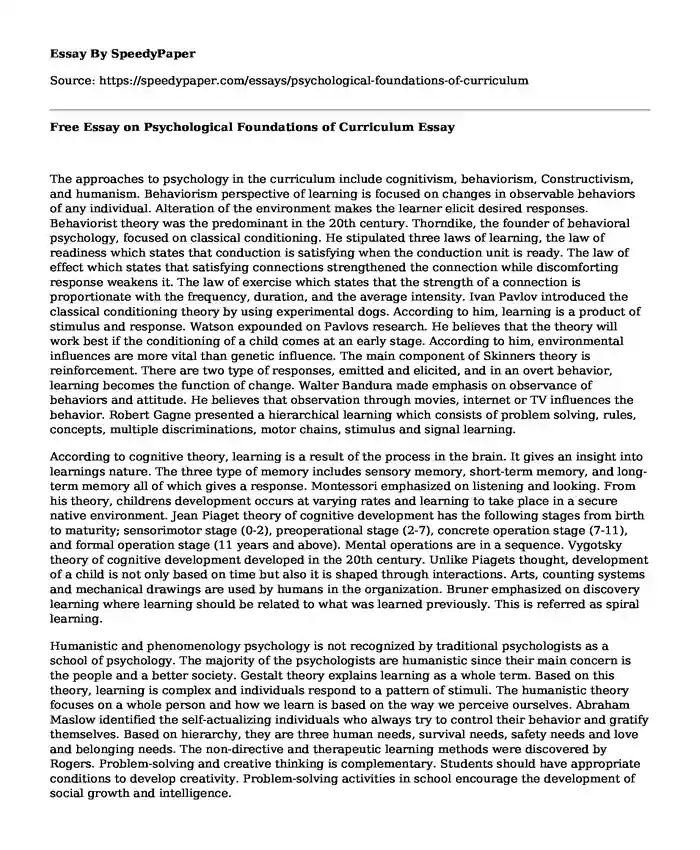 Free Essay on Psychological Foundations of Curriculum