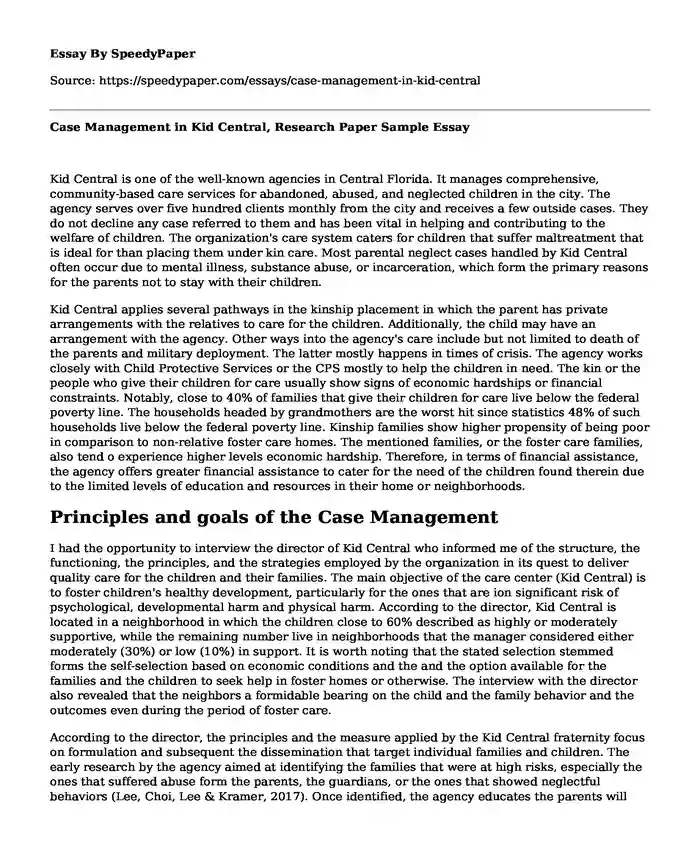 Case Management in Kid Central, Research Paper Sample
