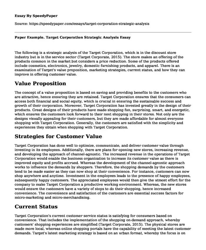 Paper Example. Target Corporation Strategic Analysis