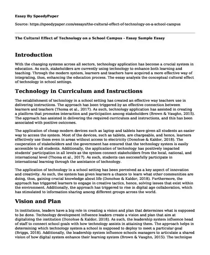 The Cultural Effect of Technology on a School Campus - Essay Sample
