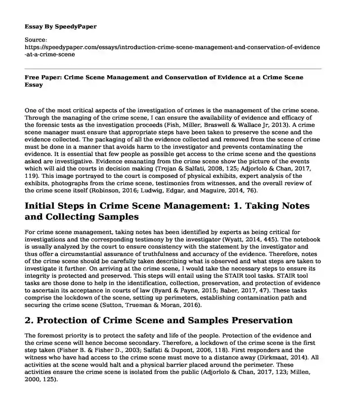 Free Paper: Crime Scene Management and Conservation of Evidence at a Crime Scene