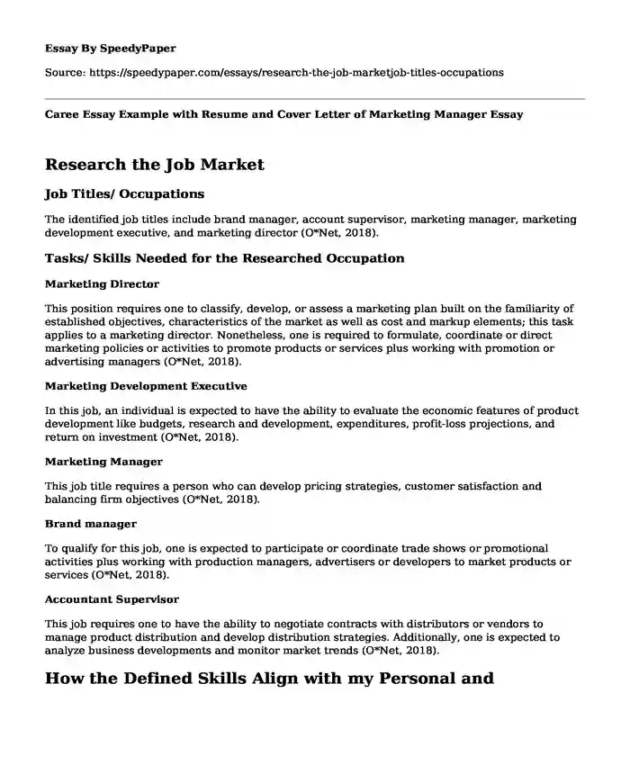 Caree Essay Example with Resume and Cover Letter of Marketing Manager