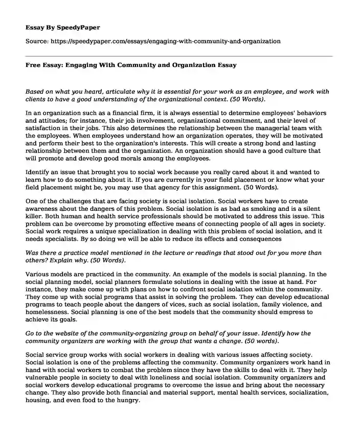 Free Essay: Engaging With Community and Organization