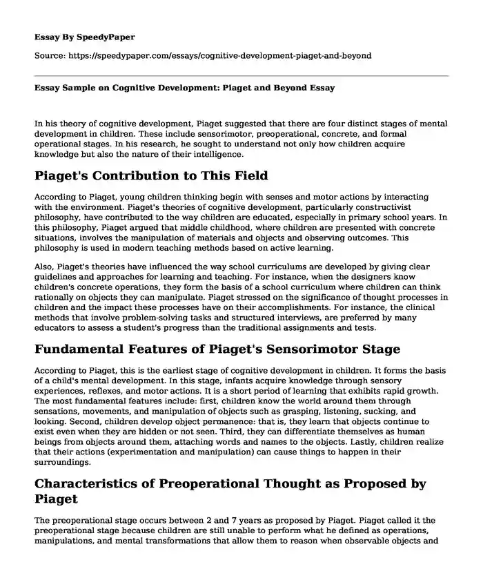 Essay Sample on Cognitive Development Piaget and Beyond