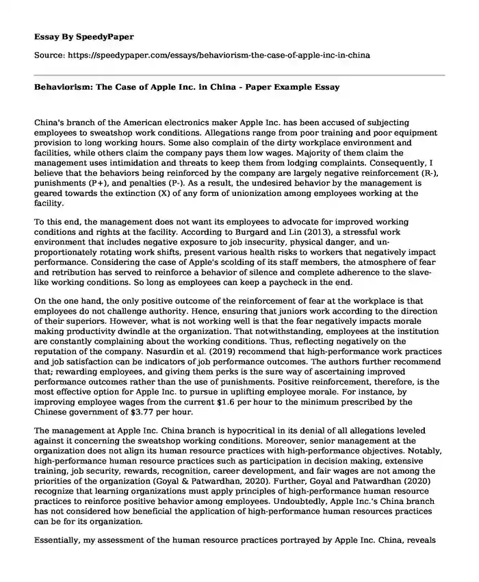 Behaviorism: The Case of Apple Inc. in China - Paper Example