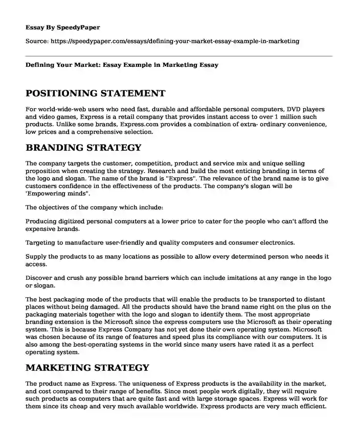 Defining Your Market: Essay Example in Marketing