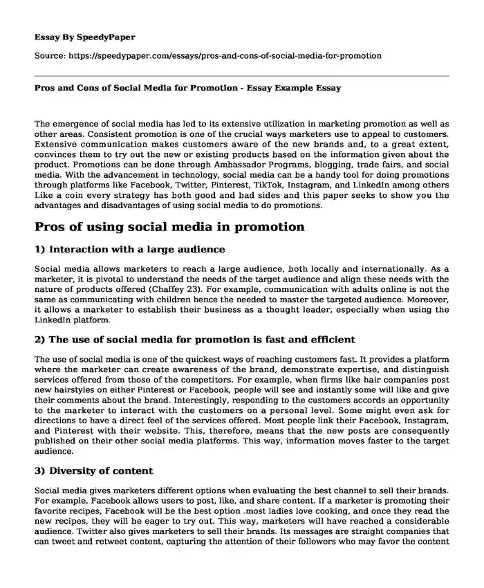 Pros and Cons of Social Media for Promotion - Essay Example