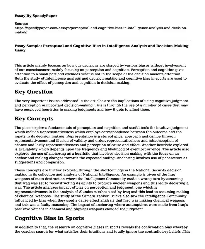 Essay Sample: Perceptual and Cognitive Bias in Intelligence Analysis and Decision-Making