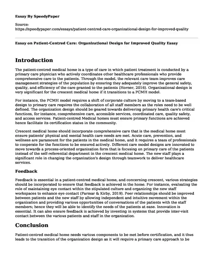 Essay on Patient-Centred Care: Organizational Design for Improved Quality