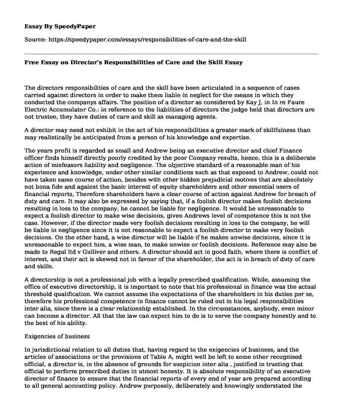 Free Essay on Director's Responsibilities of Care and the Skill