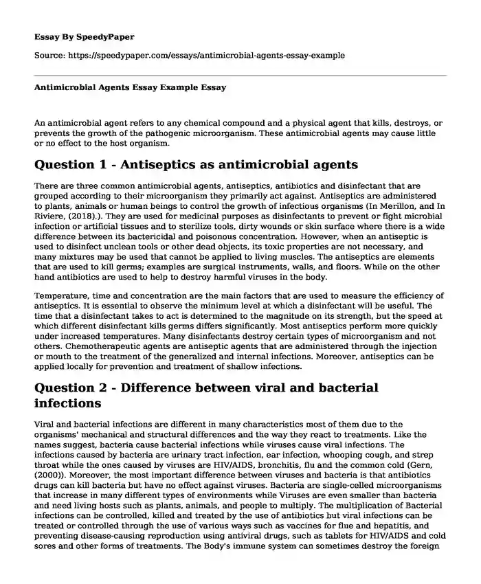 Antimicrobial Agents Essay Example