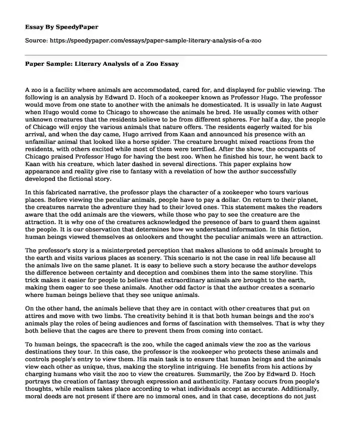 Paper Sample: Literary Analysis of a Zoo