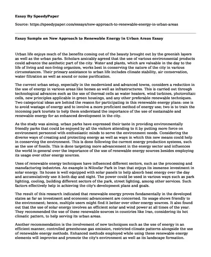 Essay Sample on New Approach to Renewable Energy in Urban Areas