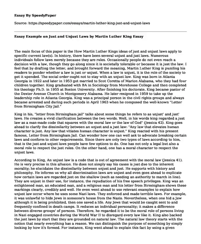 Essay Example on Just and Unjust Laws by Martin Luther King