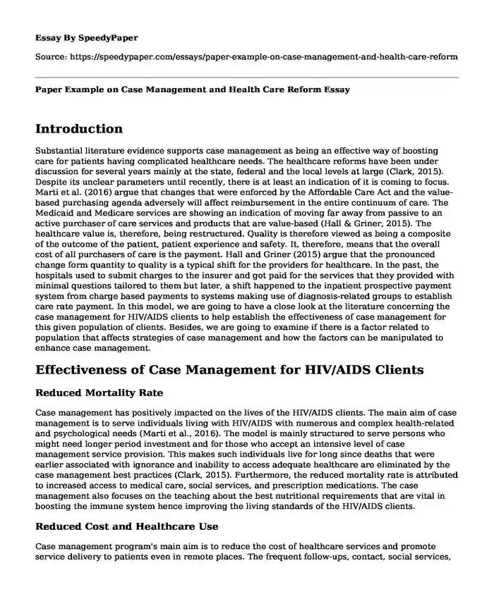 Paper Example on Case Management and Health Care Reform