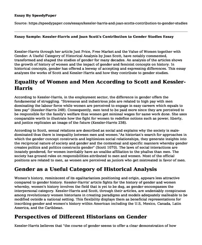 Essay Sample: Kessler-Harris and Joan Scott's Contribution to Gender Studies