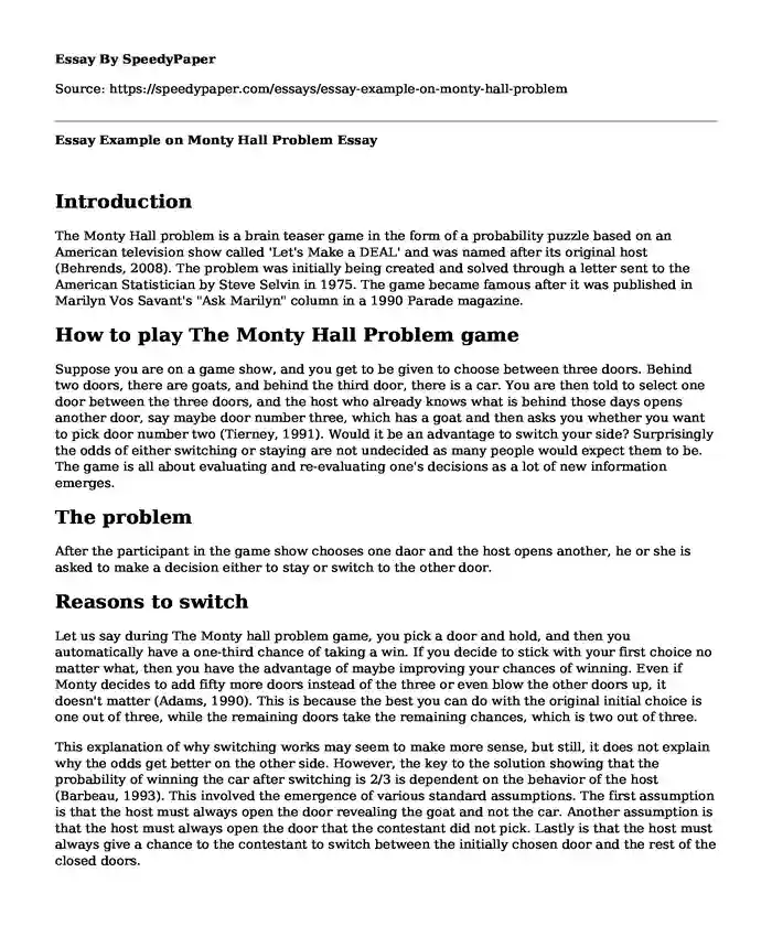 Essay Example on Monty Hall Problem