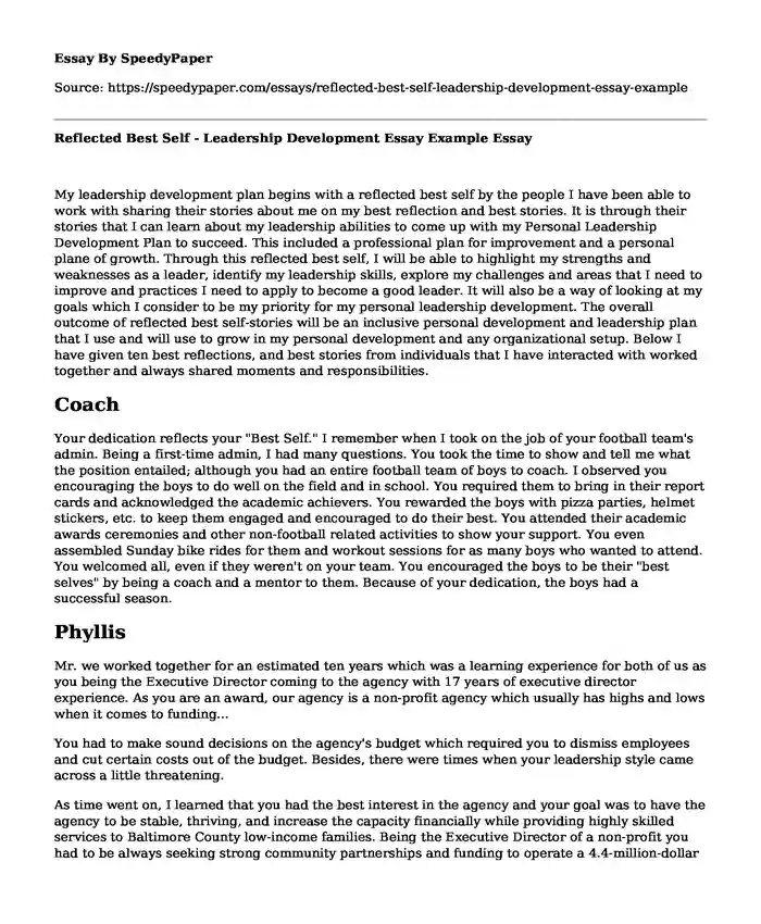 Reflected Best Self - Leadership Development Essay Example