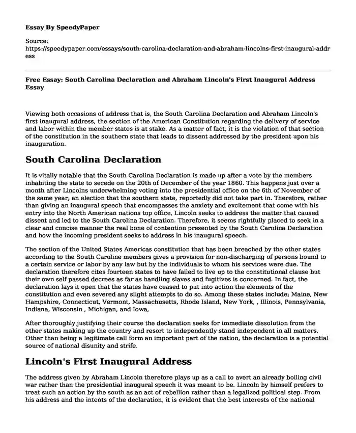 Free Essay: South Carolina Declaration and Abraham Lincoln's First Inaugural Address