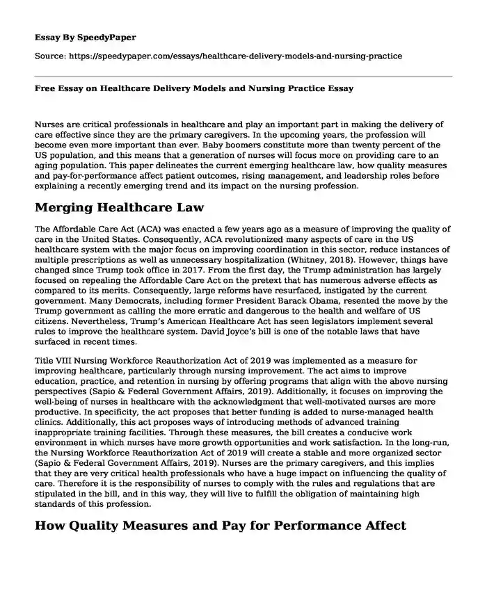 Free Essay on Healthcare Delivery Models and Nursing Practice