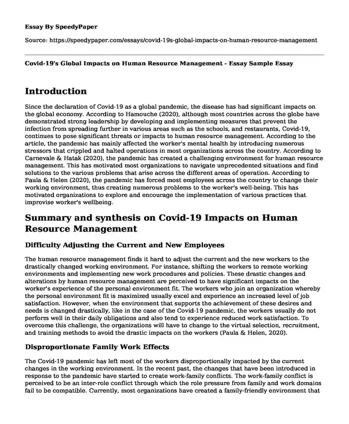 Covid-19's Global Impacts on Human Resource Management - Essay Sample