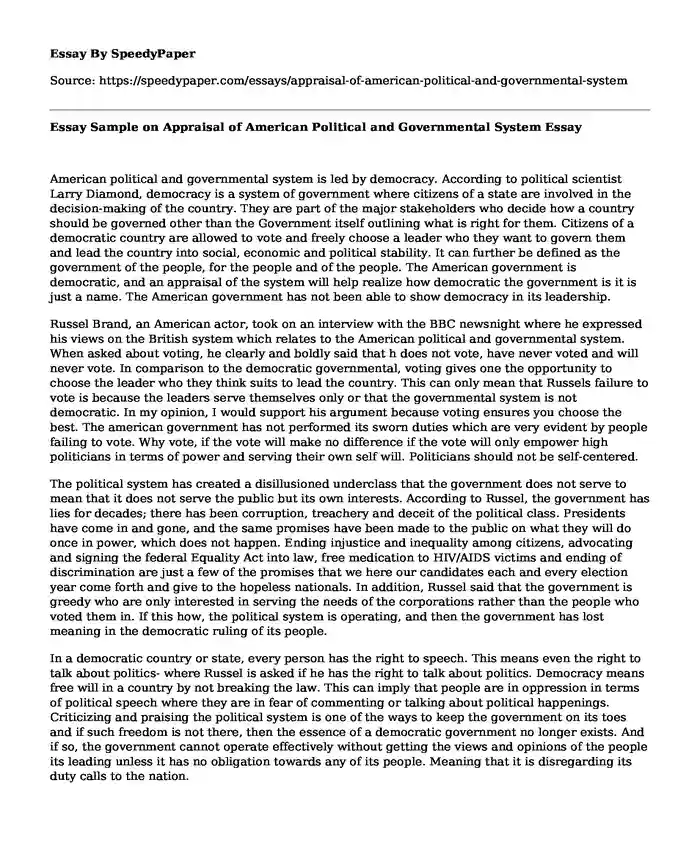 Essay Sample on Appraisal of American Political and Governmental System