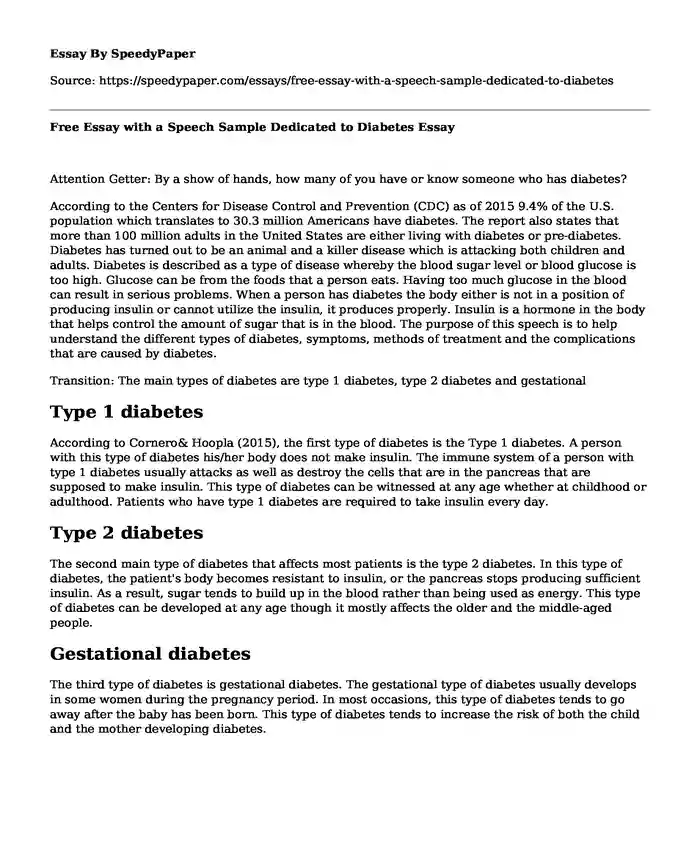 Free Essay with a Speech Sample Dedicated to Diabetes