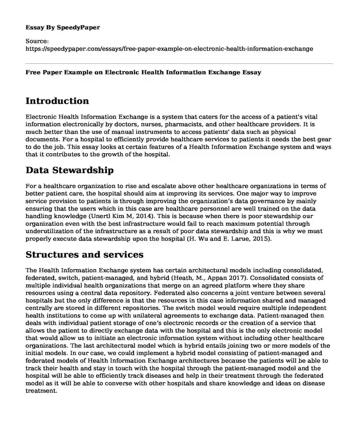 Free Paper Example on Electronic Health Information Exchange