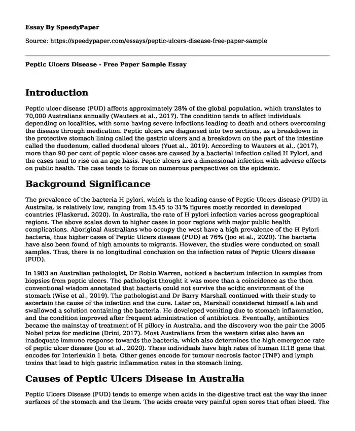 Peptic Ulcers Disease - Free Paper Sample