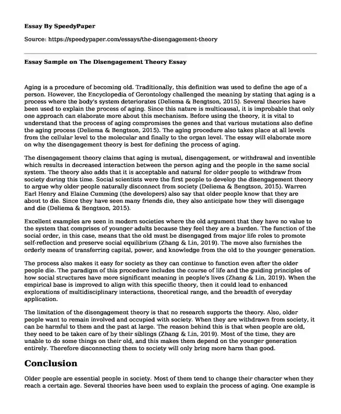 Essay Sample on The Disengagement Theory 