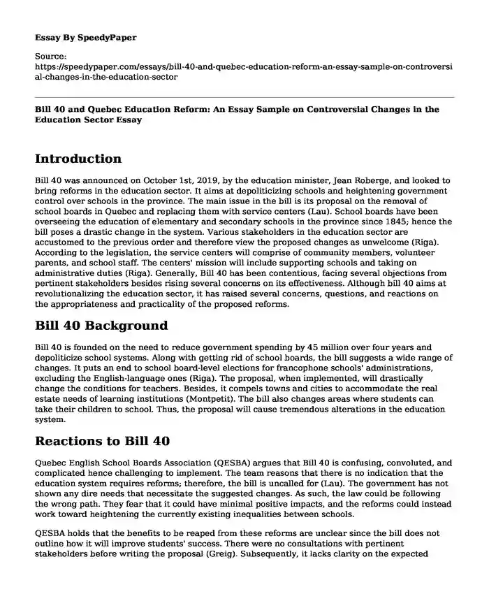 Bill 40 and Quebec Education Reform: An Essay Sample on Controversial Changes in the Education Sector