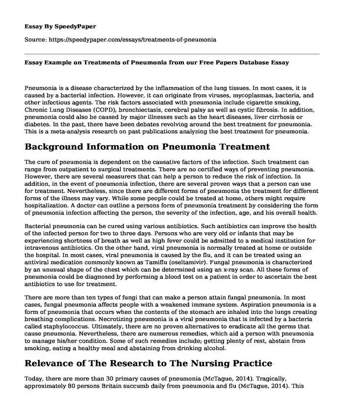 Essay Example on Treatments of Pneumonia from our Free Papers Database