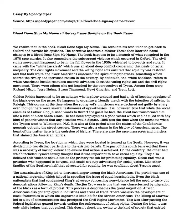 Blood Done Sign My Name - Literary Essay Sample on the Book