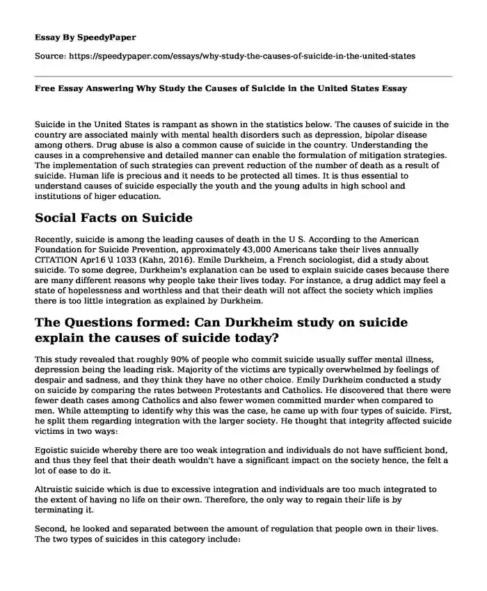 Free Essay Answering Why Study the Causes of Suicide in the United States