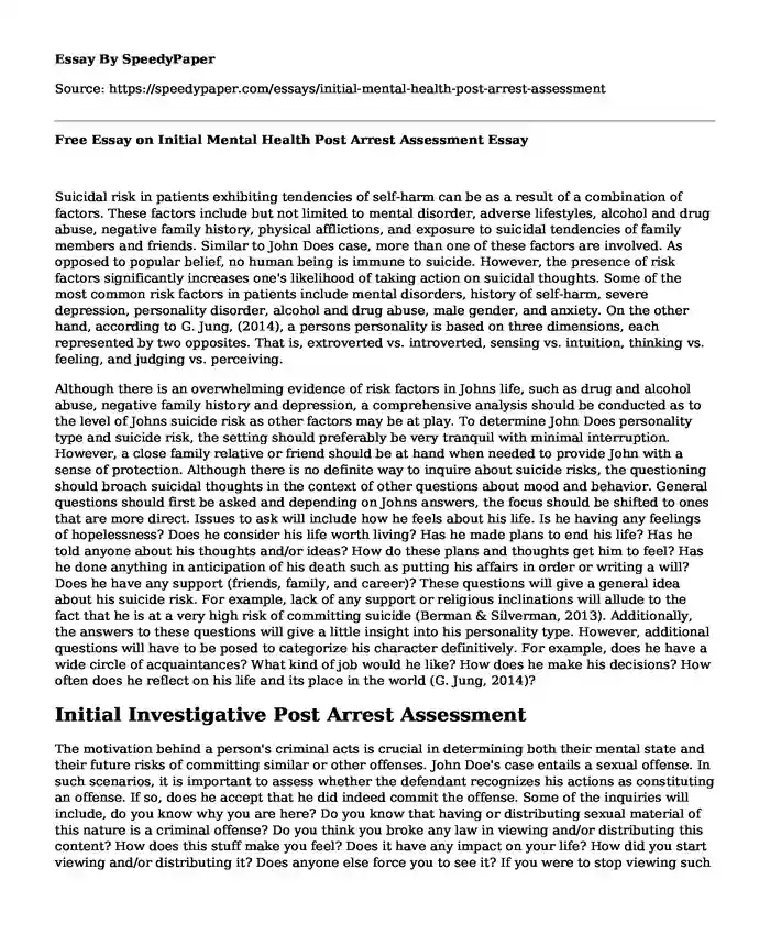 Free Essay on Initial Mental Health Post Arrest Assessment