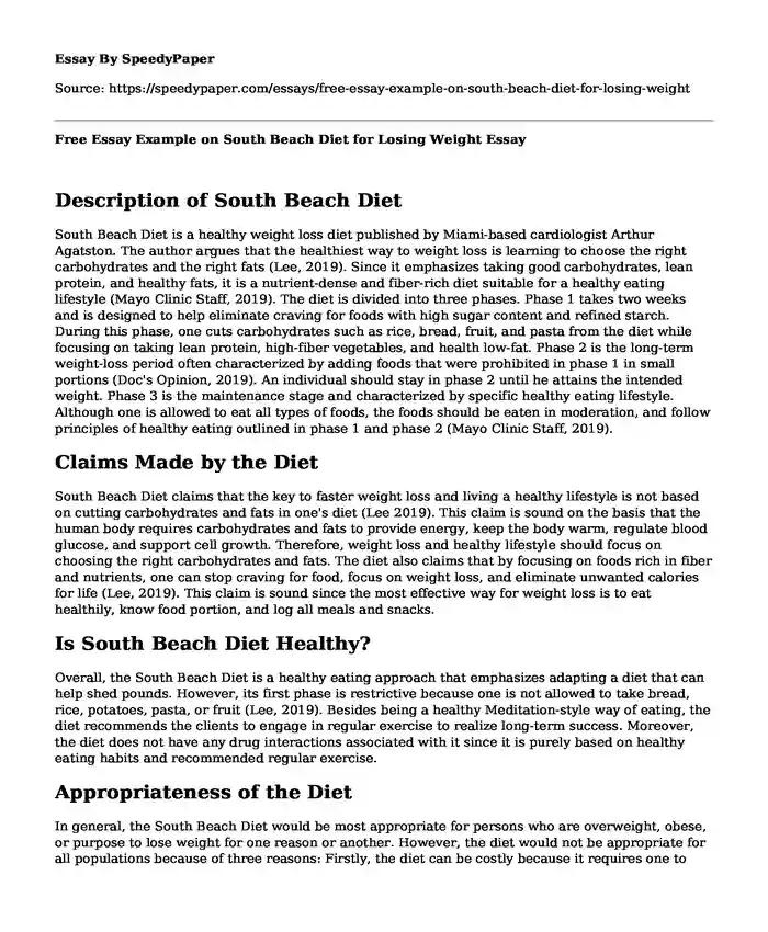 Free Essay Example on South Beach Diet for Losing Weight